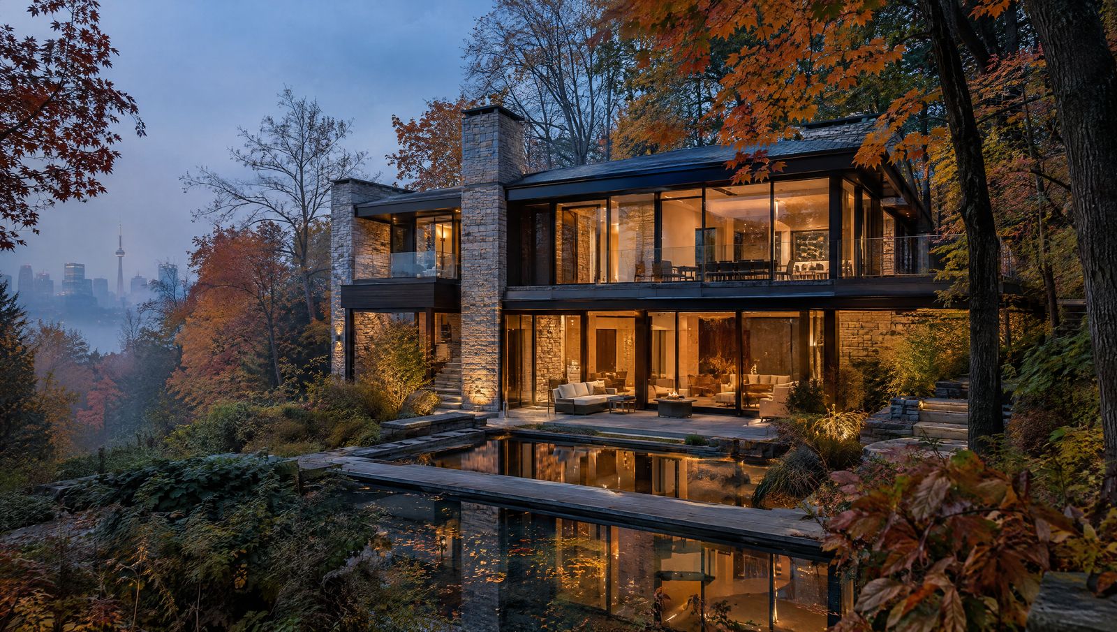 A stone and glass home on a wooded Toronto ravine at dusk